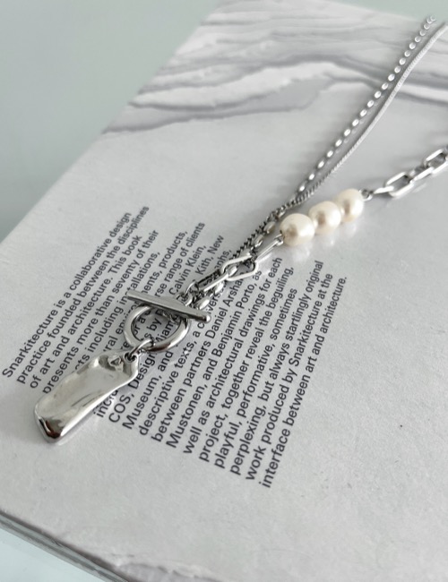 [ sliver 925 ] pearl stone chain hook necklace