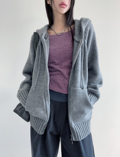 wool big pocket knit hood zip-up