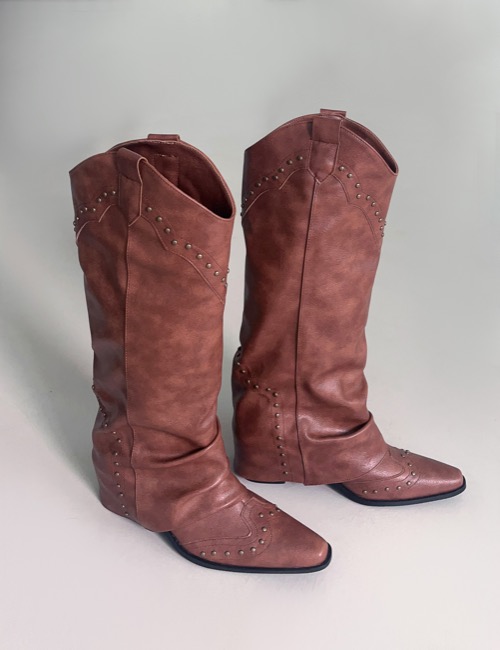 [ real leather ] stud western long boots