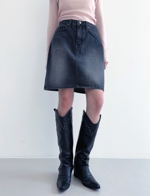black straight denim midi skirt