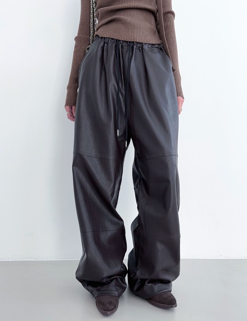 leather stitch banding wide pants