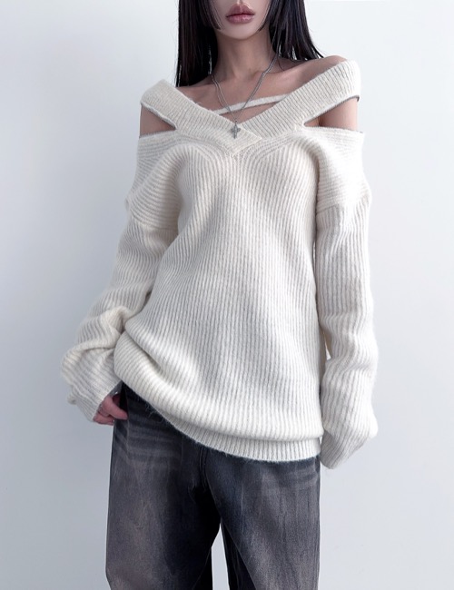 zipper shoulder V neck knit