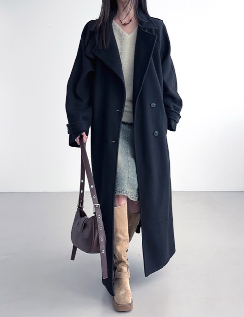 wool long over-fit single coat / black