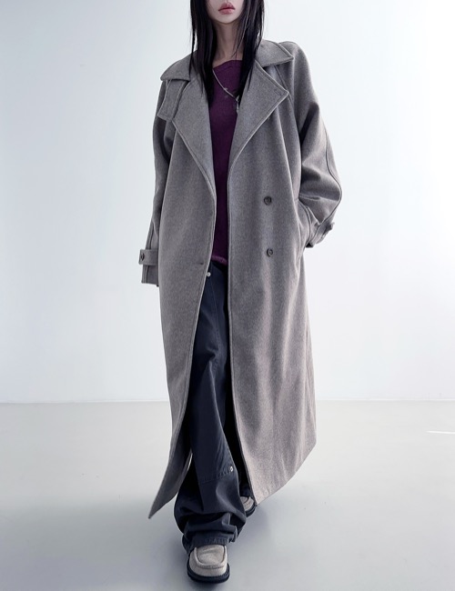 wool long over-fit single coat / beige