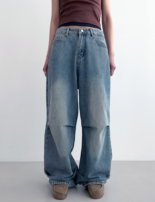 vintage shirring long denim pants
