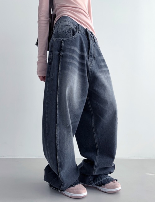side cutting tailored wide denim pants