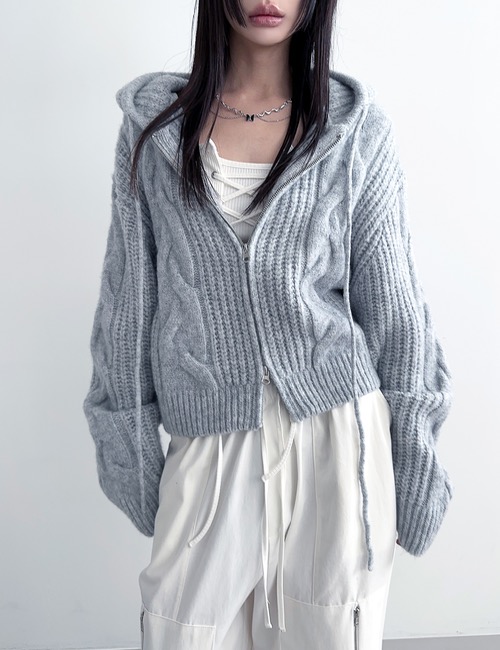 wearable cable knit hood zip up