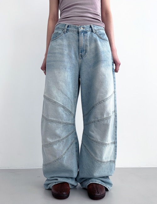 slit washing wide denim pants / light blue