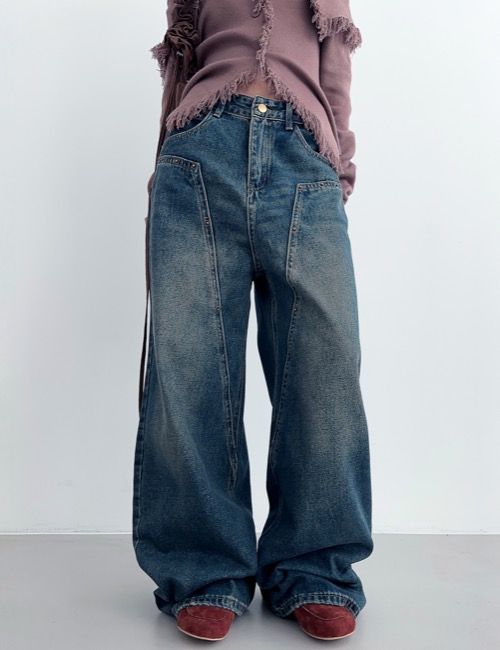 vintage rivet patch wide denim pants