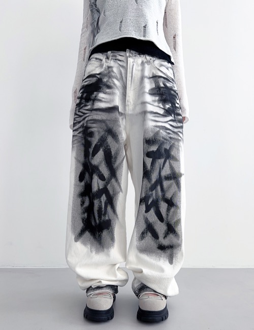 x painte coating wide denim pants